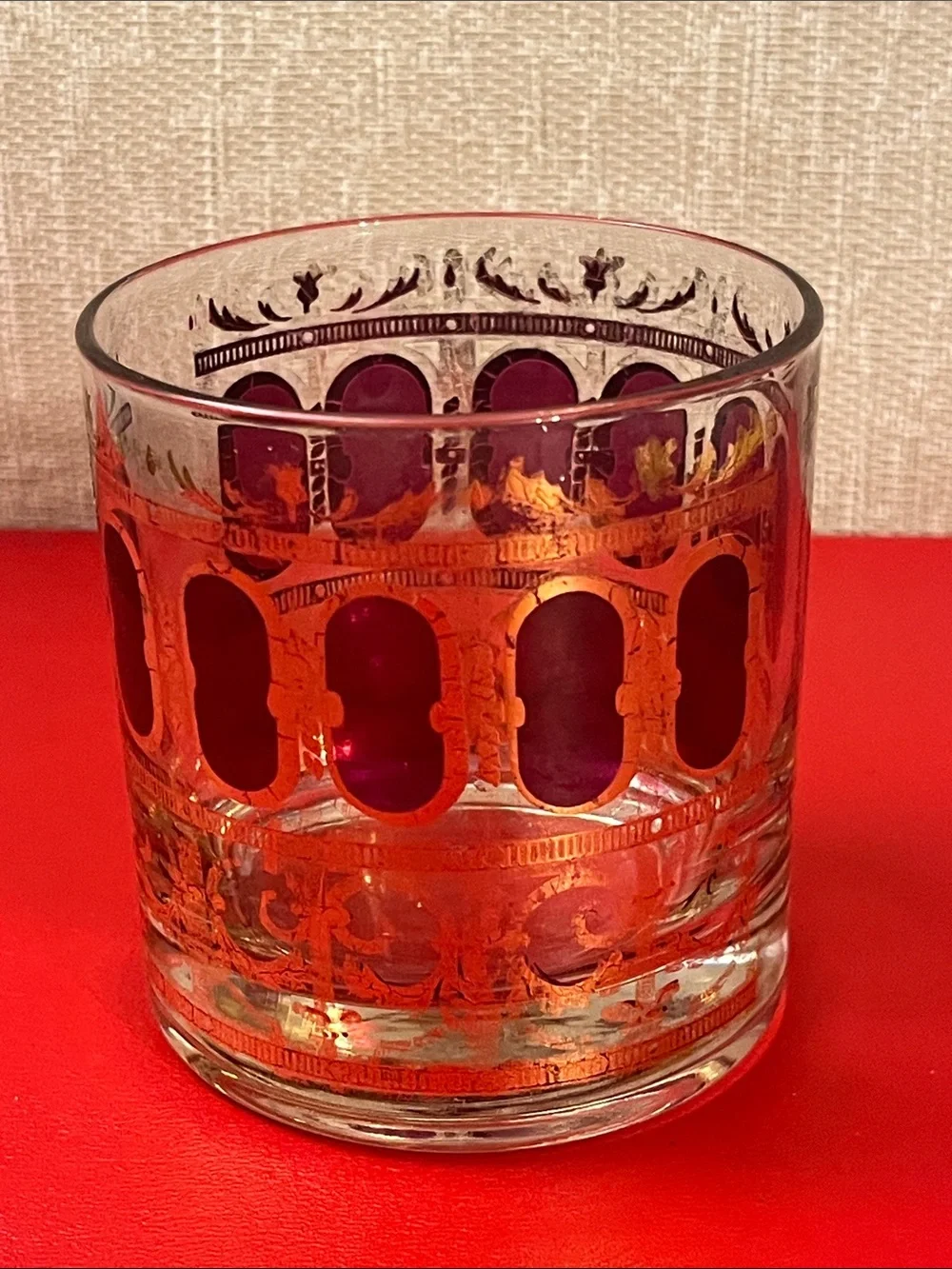 Vintage MCM Culver Cranberry Gold Scroll Lowball Rocks Glass 3 3/8H  1 1/4 D
